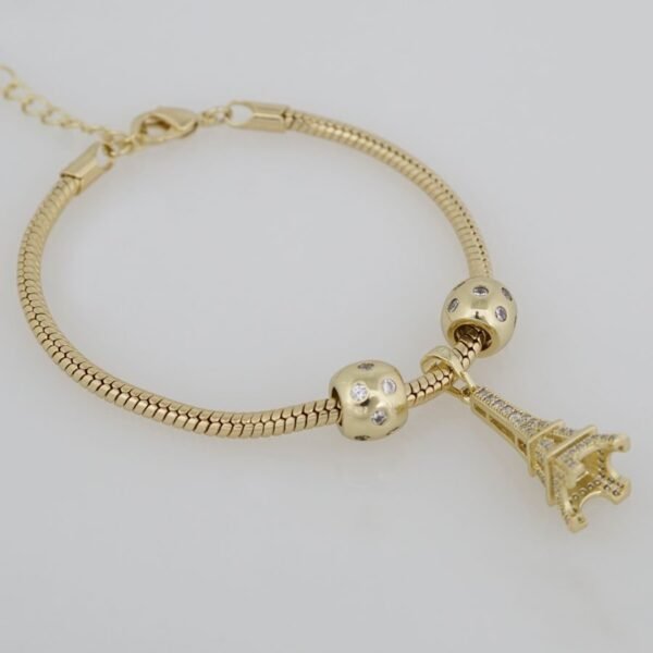 Bracelets Woman/ Manillas Mujer/  14K Real Color/  Three Charms  3mm/ M0027 - Image 2