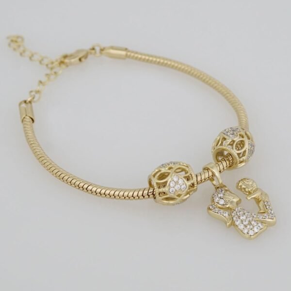 Bracelets Woman/ Manillas Mujer/  14K Real Color/  Three Charms  3mm/ M0029 - Image 2