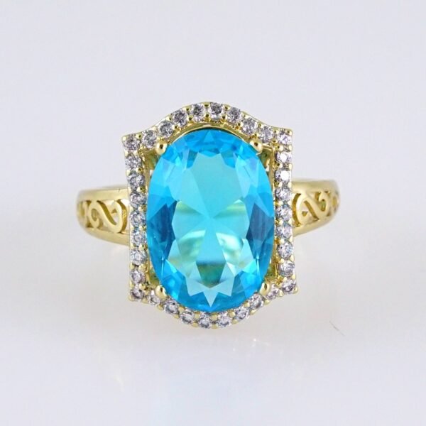 R644  RING - ANILLO - Zircon Stone - 14K Real Color - Blue Aqua