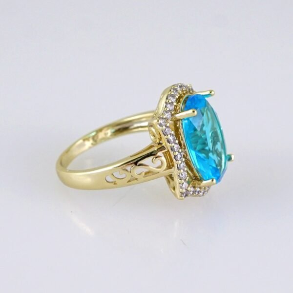 R644  RING - ANILLO - Zircon Stone - 14K Real Color - Blue Aqua - Image 2